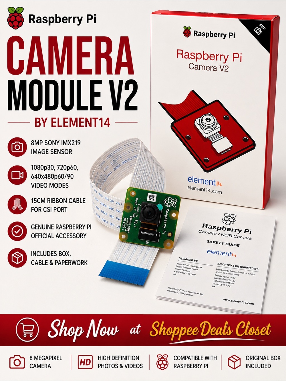 Raspberry Pi Camera Module V2 8MP Sony IMX219 Camera Board w/ Ribbon Cable NWT